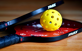 Photo of two pickleball rackets and a pickleball