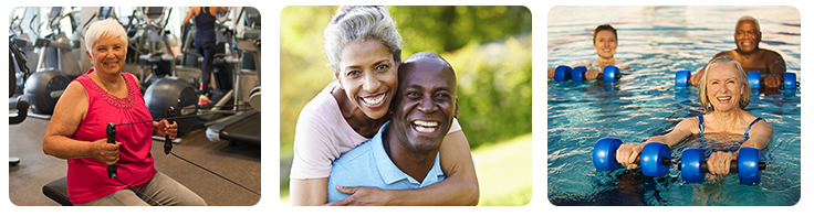 three pictures of woman exercising and couple laughing and Aqua Fitercise class