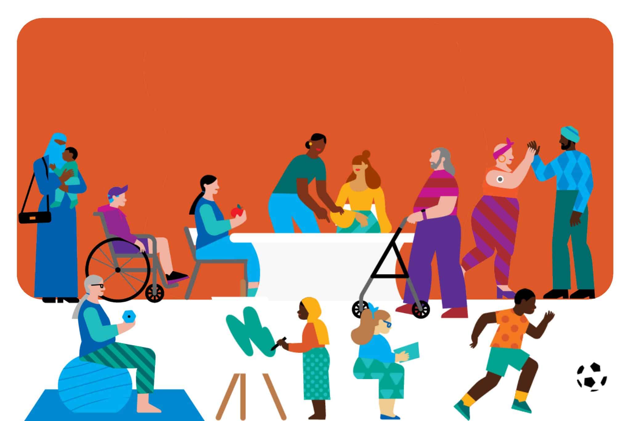 Diverse group of people interacting and learning
