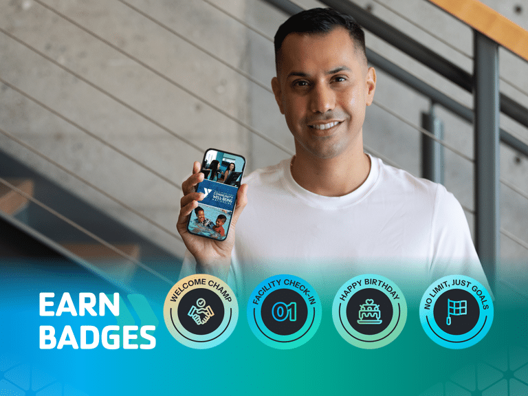 earn badges with man holding phone with app