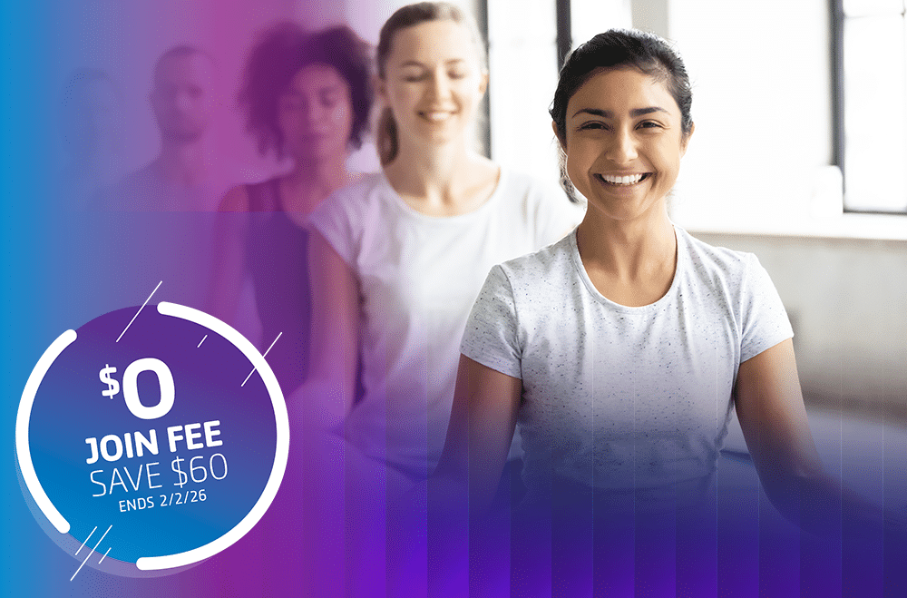 yoga class participants with zero join fee offer